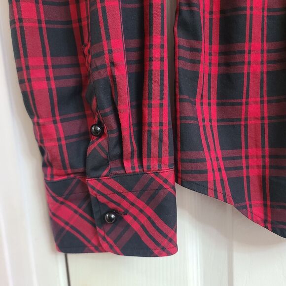 Talbots Stretch Long Sleeve Red Black Plaid Popover Blouse Ruffle Preppy Size 6 - Picture 4 of 9